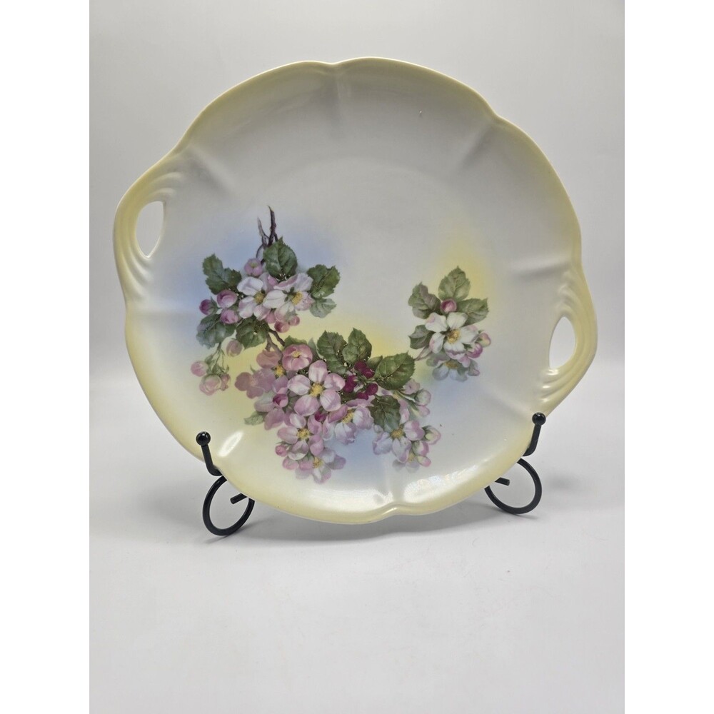 Vintage Kahla Germany Porcelain Handled Cake Plate Pink Rose Apple Blossom Shape